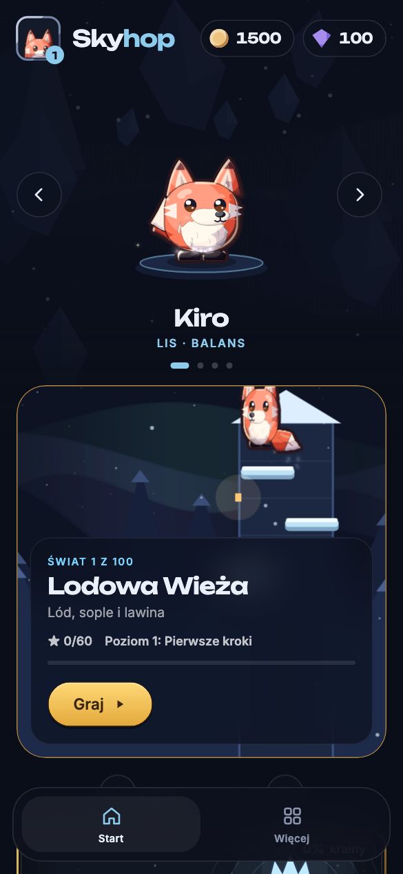 Ekran główny: bohater Kiro i karta świata Lodowa Wieża